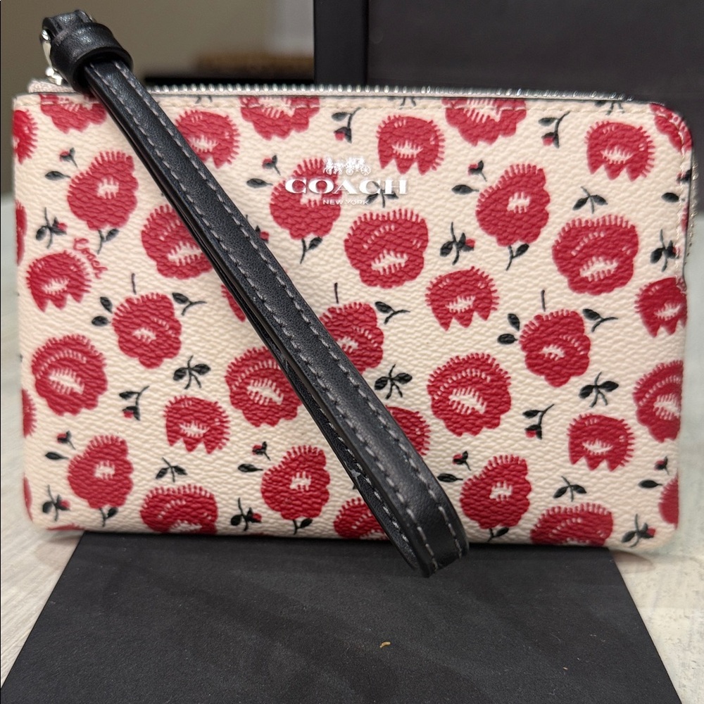 Coach Cream and Red Floral Wristlet